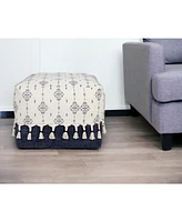 18" Natural and Navy Blue Cotton Medallion Pouf Ottoman