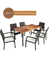 Gymax 7PCS Patio Dining Furniture Set w/ Wooden Tabletop Cushion Umbrella Hole