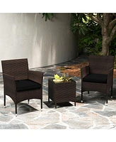 3 Pieces Outdoor Conversation Set with Cushioned Seat and Glass Tabletop-Black