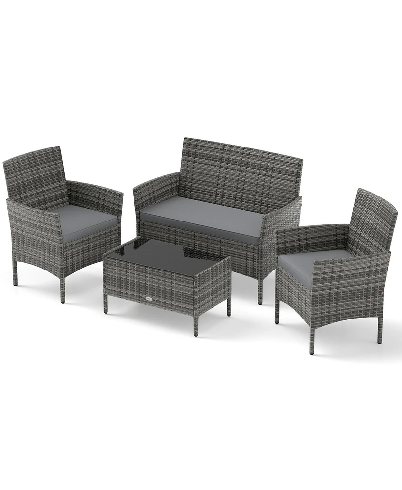 4 Piece Patio Rattan Conversation Set with Cozy Seat Cushions-Light Gray