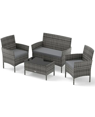 4 Piece Patio Rattan Conversation Set with Cozy Seat Cushions-Light Gray