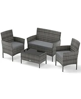 4 Piece Patio Rattan Conversation Set with Cozy Seat Cushions-Light Gray
