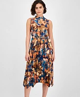Tahari Asl Women's Printed Pleated Sleeveless Midi Dress
