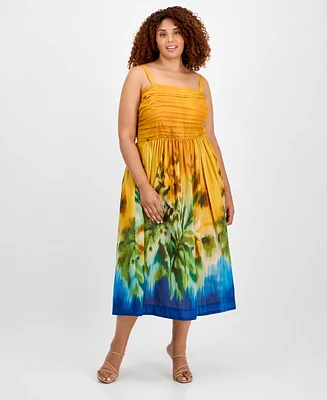 Tahari Asl Plus Printed Cotton Sleeveless Midi Dress