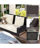 2-Person Wicker Hanging Porch Swing With Chains, Cushion, Pillow, Rattan Swing Bench