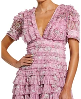 Mac Duggal Women's Deep V Lace Back Puff Sleeve Mini Dress