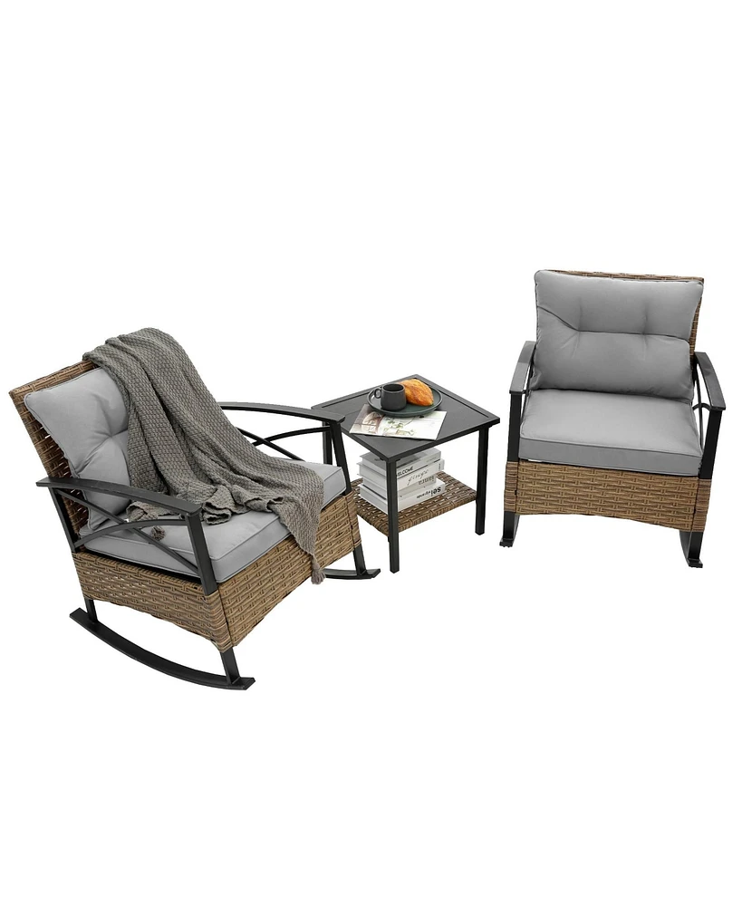 3-Piece Patio Conversation Set, Leisure Chair, Outdoor Rattan Rocking Chair Set Gray