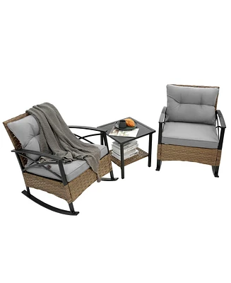 3-Piece Patio Conversation Set, Leisure Chair, Outdoor Rattan Rocking Chair Set Gray