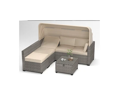 6 Pieces Patio Furniture Sets, Outdoor Rattan Daybed with Retractable Canopy, Outdoor Sectional Sofa Set with Adjustable Backrest, Chaise Chair Sunbed