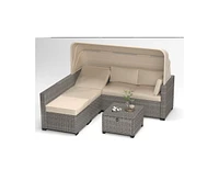 6 Pieces Patio Furniture Sets, Outdoor Rattan Daybed with Retractable Canopy, Outdoor Sectional Sofa Set with Adjustable Backrest, Chaise Chair Sunbed