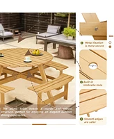 70 in. Natural Light Brown wood 8-Person Round Wooden Outdoor Picnic Table with 4 Built-in Benches and Umbrella Hole