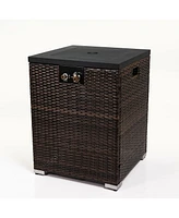 Dark Brown Column Wicker 28.70 in. Fire Pit Table with Glass Wind Guard, 40000BTU