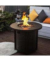 30 in. Round 40,000 Btu Outdoor Propane Fire Pit Table with Steel Tabletop, Lid and Rocks