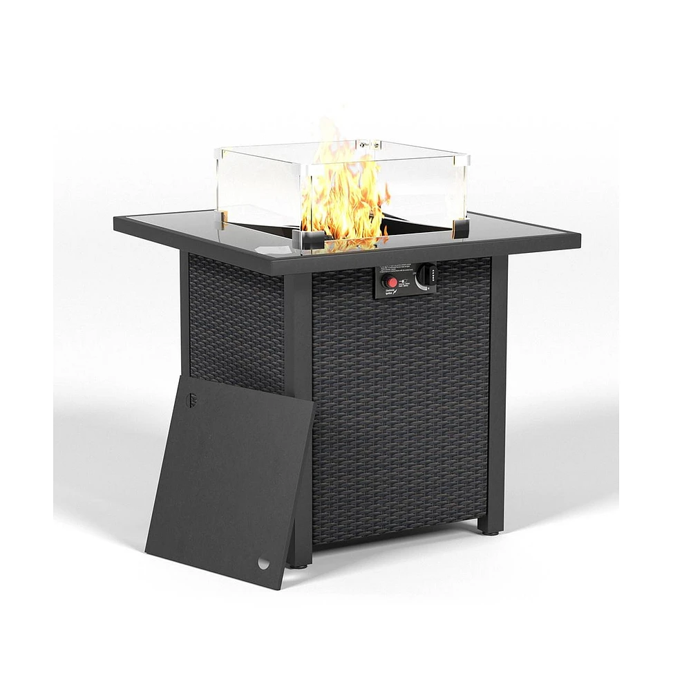 28 in. Propane Fire Pit Table, Rattan and Wicker,50000 Btu, Tempered with Glass Windscreen