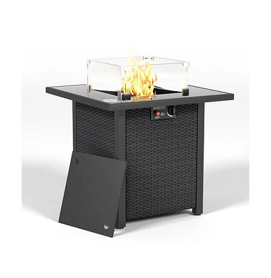 28 in. Propane Fire Pit Table, Rattan and Wicker,50000 Btu, Tempered with Glass Windscreen