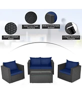 4 Pieces Patio Rattan Conversation Set with Padded Cushions