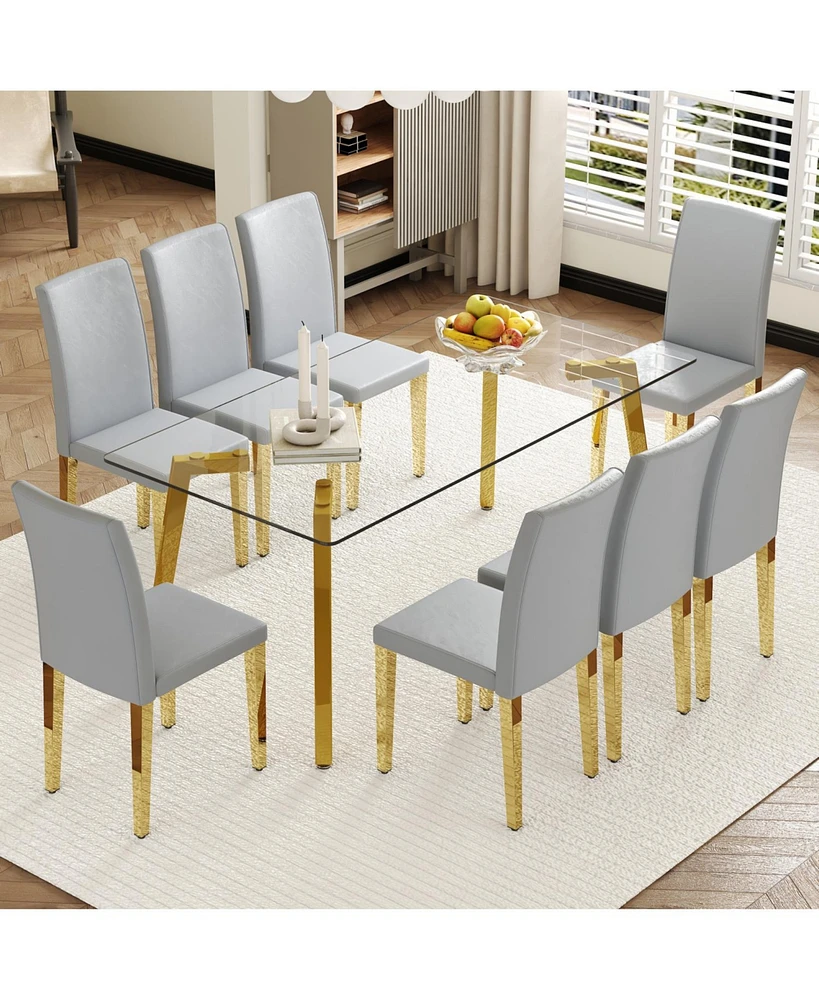 71" Rectangular Glass Dining Table Set with 8 Gray Pu Chairs