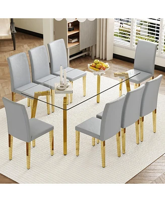 71" Rectangular Glass Dining Table Set with 8 Gray Pu Chairs