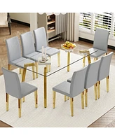 71" Rectangular Glass Dining Table Set with 8 Gray Pu Chairs