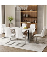 63" Snow Mountain Table & 6 White Pu Chairs