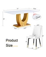 Snow Mountain Dining Set: 71" Table, Gold Legs & 8 White Pu Chairs