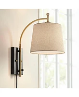 Chester Modern Swing Arm Wall Lamp Antique Brass Black Metal Plug-In Light Fixture Dimmable Tan Drum Shade for Bedroom Bedside House Reading Living Ro