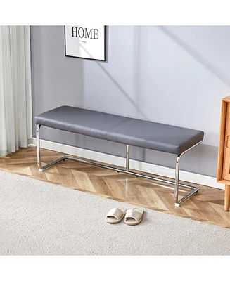 51.5" Decorative Stainless Steel Contemporary Bench in Faux Leather for Entryway Bench, Bedroom end of Bench, Dining Bench, Kitchen Seat Dining,