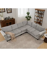 109.5" Light Gray Chenille Sectional Sofa, Rivets & Rolled Arms