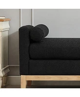 Black Boucle Upholstered Bench/Daybed with Wood Legs & Pillows