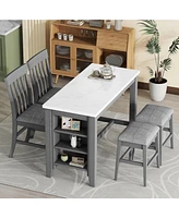 5-piece Counter Height Dining Table Set with Built-in Storage Shelves,Grey