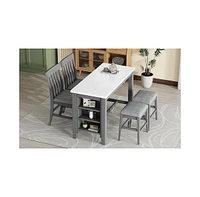 5-piece Counter Height Dining Table Set with Built-in Storage Shelves,Grey