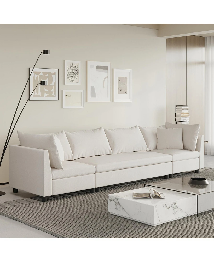Modern 4-Seat Modular Sectional Sofa with Pillows, Minimalist Style