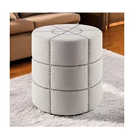 20" Cream Linen Round Footstool Ottoman