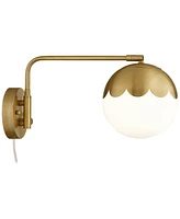 Kelowna Modern Swing Arm Wall Lamps Set of 2 Antique Brass Metal Plug-In Light Fixture Round Glass Globe Shade for Bedroom Bedside House Reading Livin