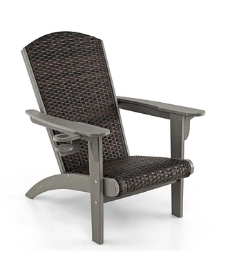 Patio Adirondack Chair with Rattan Padded Seat and Hidden Cupholder