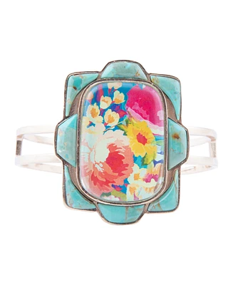 Barse Scenic Floral Blue Turquoise and Golden Cuff Bracelet