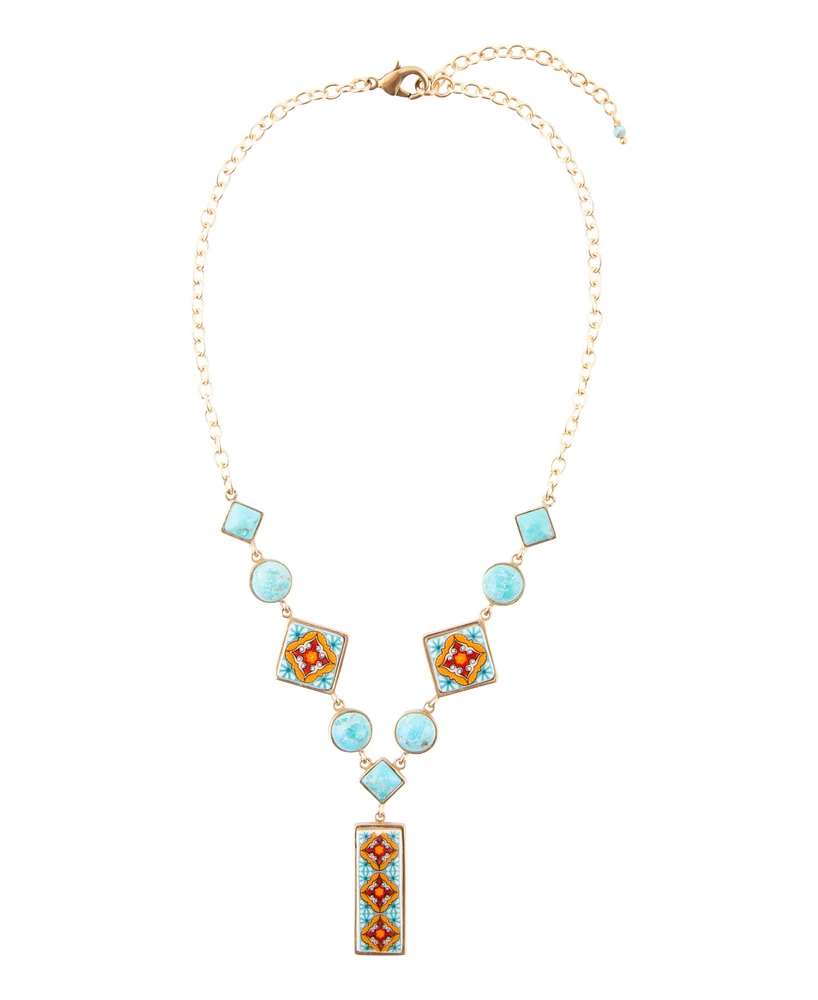 Barse Talavera Tile and Blue Turquoise Golden Y Necklace
