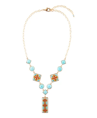 Barse Talavera Tile and Blue Turquoise Golden Y Necklace