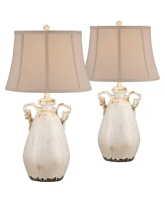 Isabella Rustic Country Cottage Table Lamps 29" Tall Set of 2 Crackled Ivory Glaze Ceramic Handles Jar Beige Bell Shade for Bedroom Living Room H
