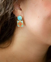 Barse Talavera Tile Blue Turquoise Golden Drop Earrings