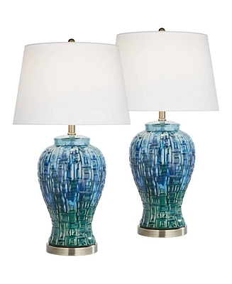 Temple Jar 27" Tall Modern Asian Table Lamps Set of 2 Blue-Green Teal Ceramic Living Room Bedroom Bedside Nightstand House Office Home Reading Wh