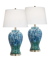 Temple Jar 27" Tall Modern Asian Table Lamps Set of 2 Blue-Green Teal Ceramic Living Room Bedroom Bedside Nightstand House Office Home Reading Wh