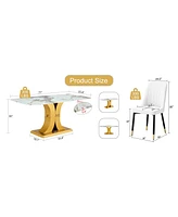 71" Pandora Glass Dining Set: Table & 8 White Pu Chairs