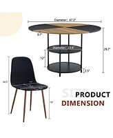 47" Round Dining Table Set with 4 Black Chairs & Storage