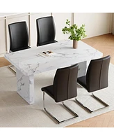 White Marble Table & 4 Black Pu Chairs - Silver Legs