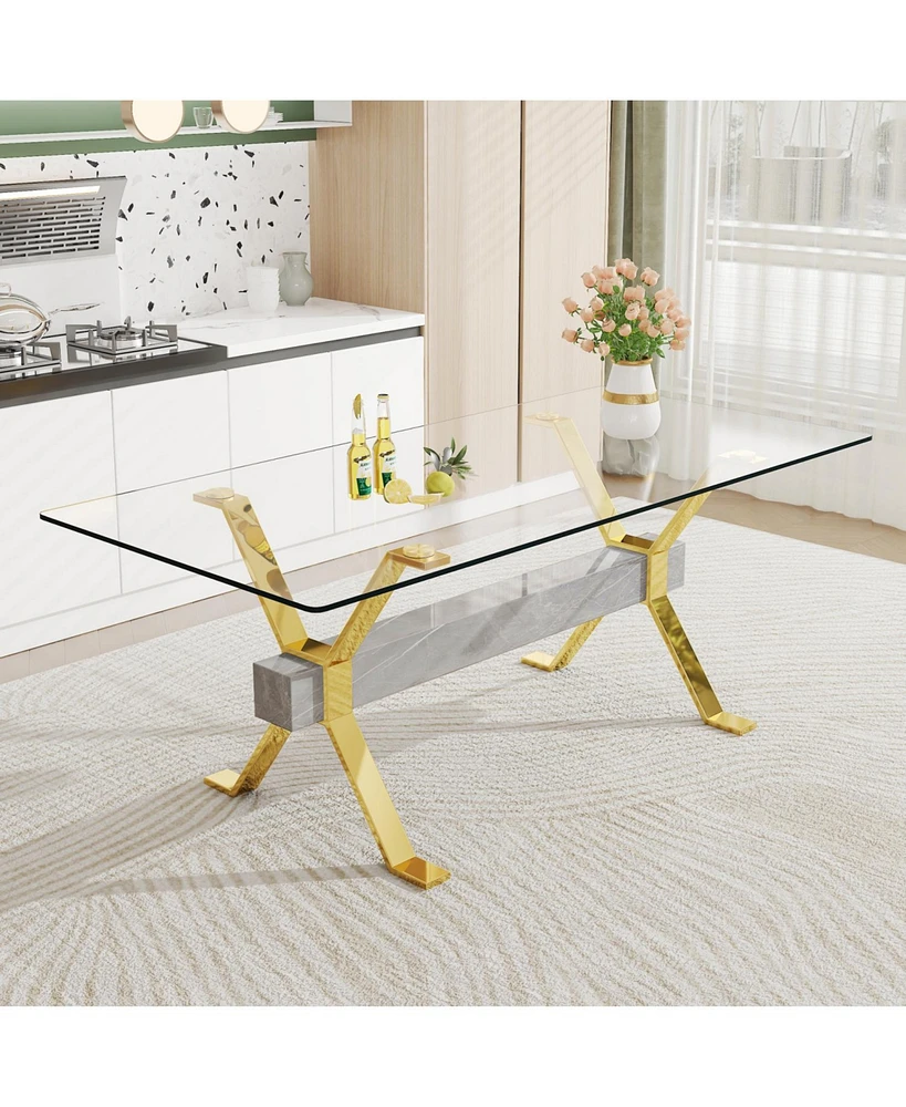 Modern Glass Dining Table Gold Legs 79"