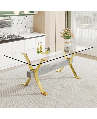 Modern Glass Dining Table Gold Legs 79"