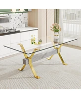 Modern Glass Dining Table Gold Legs 79"