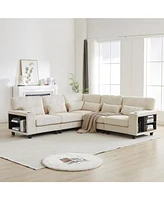 L-Shaped Corduroy Sectional Sofa with Storage & Cup Holder
