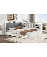 Wood Full Size platform bed with Storage Headboard, Shelves and 2 Drawers, White